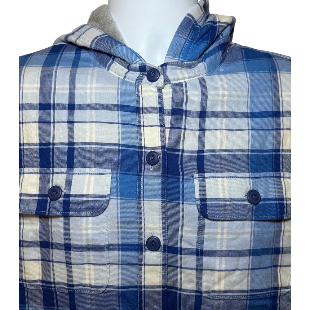 L.L.Bean Womens M Fleece-Lined Flannel Hoodie Shirt Blue Plaid Long Sleeve - Picture 6 of 9